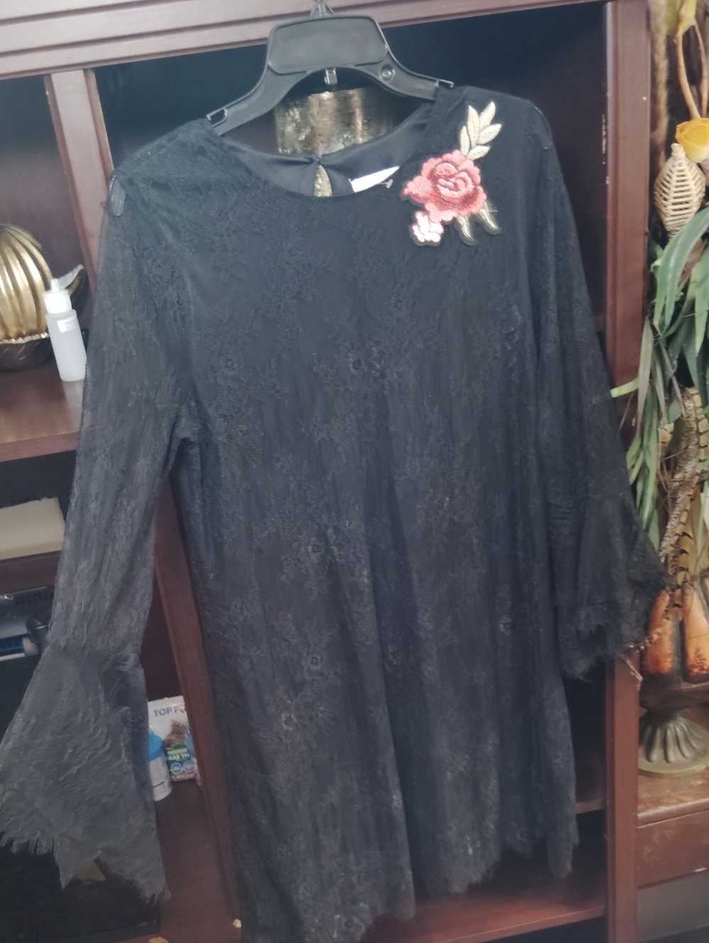 New York & Company Black Lace Long-Sleeve Dress with Rose Appliqué